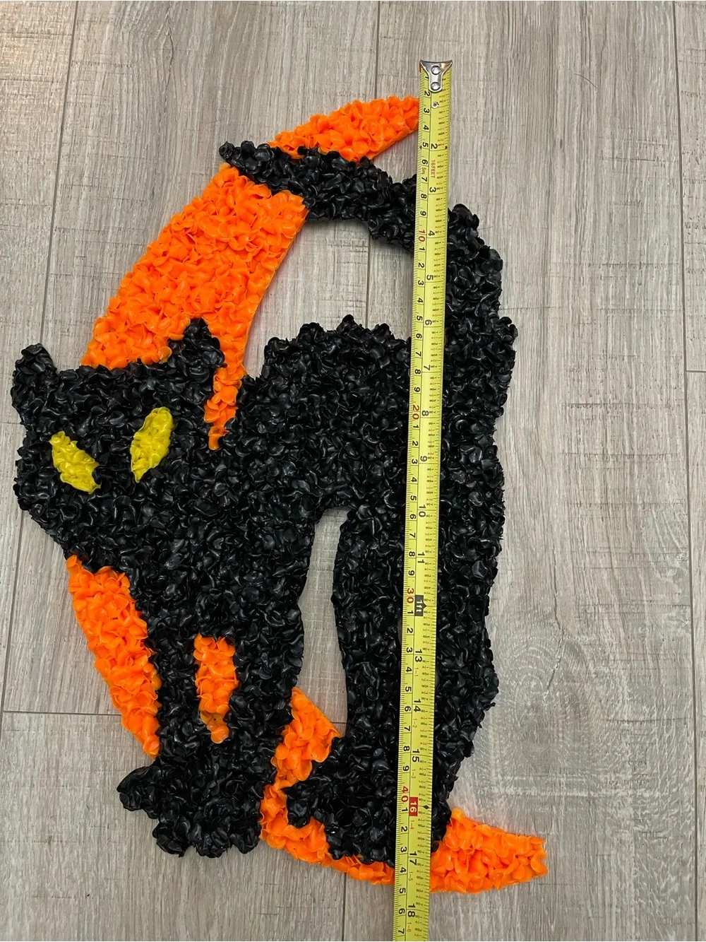 Vtg 70s Melted Plastic Popcorn Halloween Decoration Black Cat on Crescent Moon